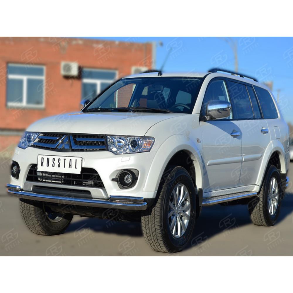Mitsubishi Pajero Sport 2013-2015 Пороги труба d42 С листом (Лист алюм проф. сталь) (Вариант 2) — изображение 3