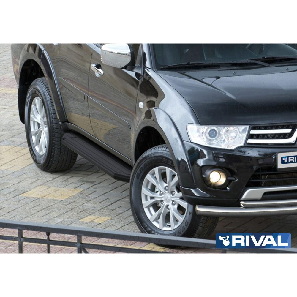 Порог-площадка "Premium-Black" A173ALB + комплект крепежа, RIVAL, Mitsubishi Pajero Sport 2008-2013-2016