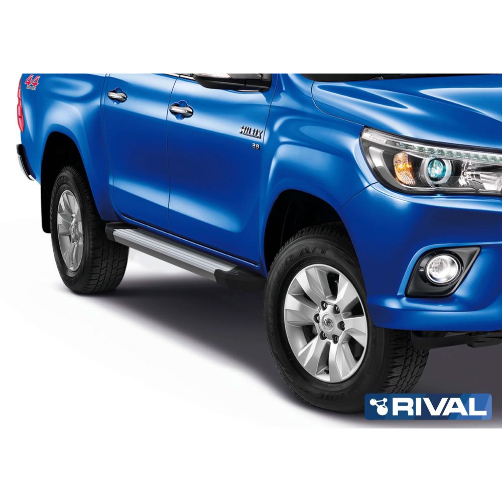 Пороги «Silver» F193AL + комплект крепежа, RIVAL для Toyota HILUX Revo (2015+)