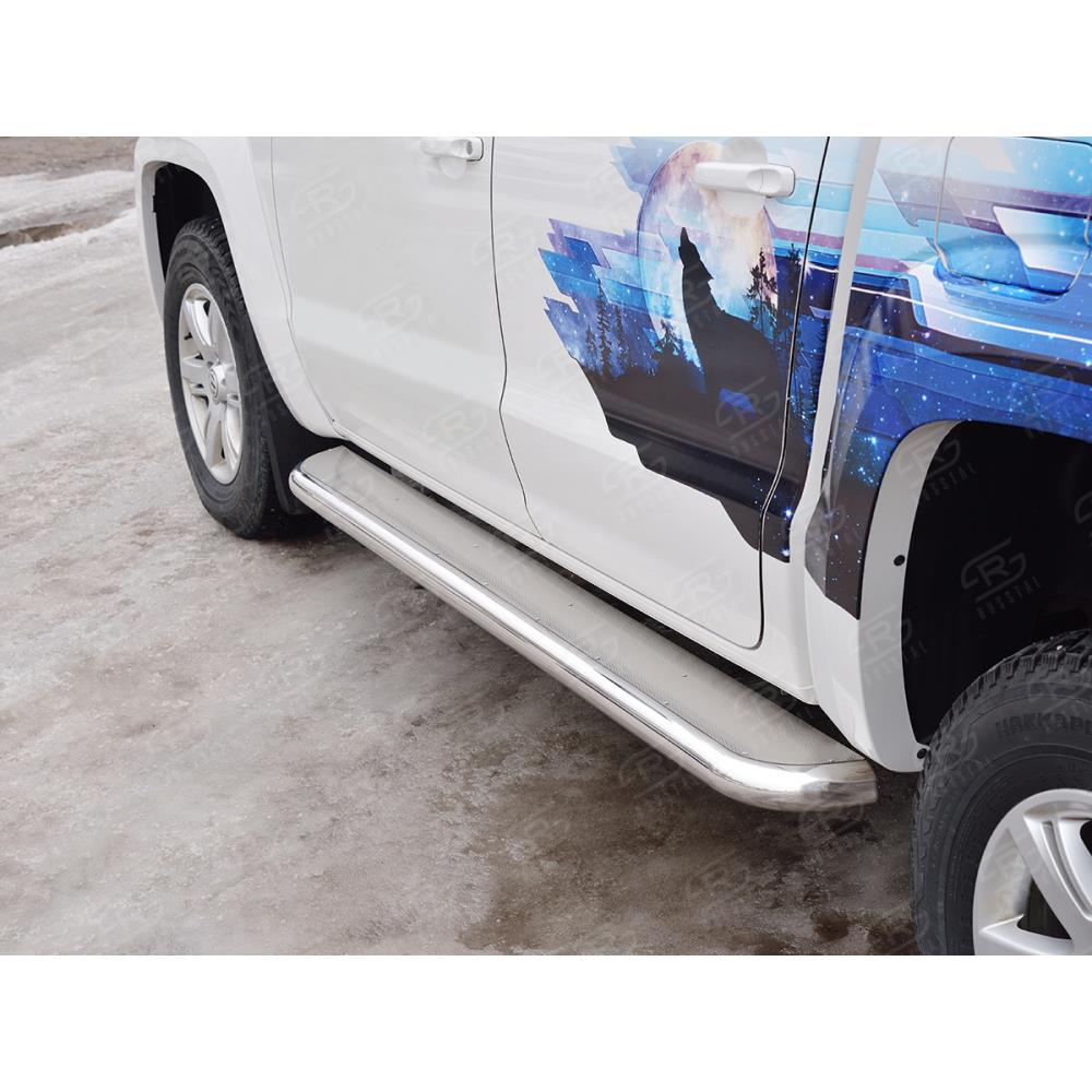 Пороги труба D63 С листом (Лист нерж, проф. нерж) (Вариант3) VOLKSWAGEN AMAROK 2016